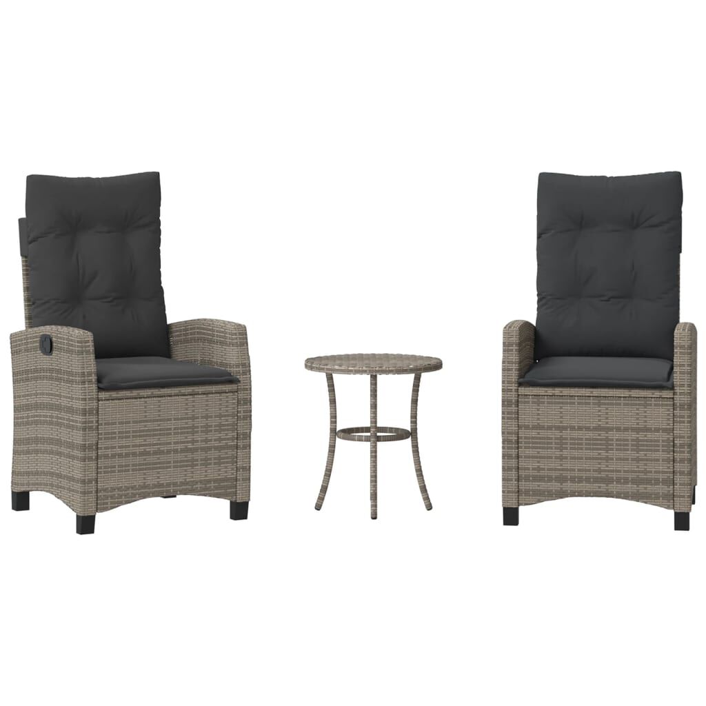 vidaXL 3 Piece Bistro Set with Cushions Grey Poly Rattan