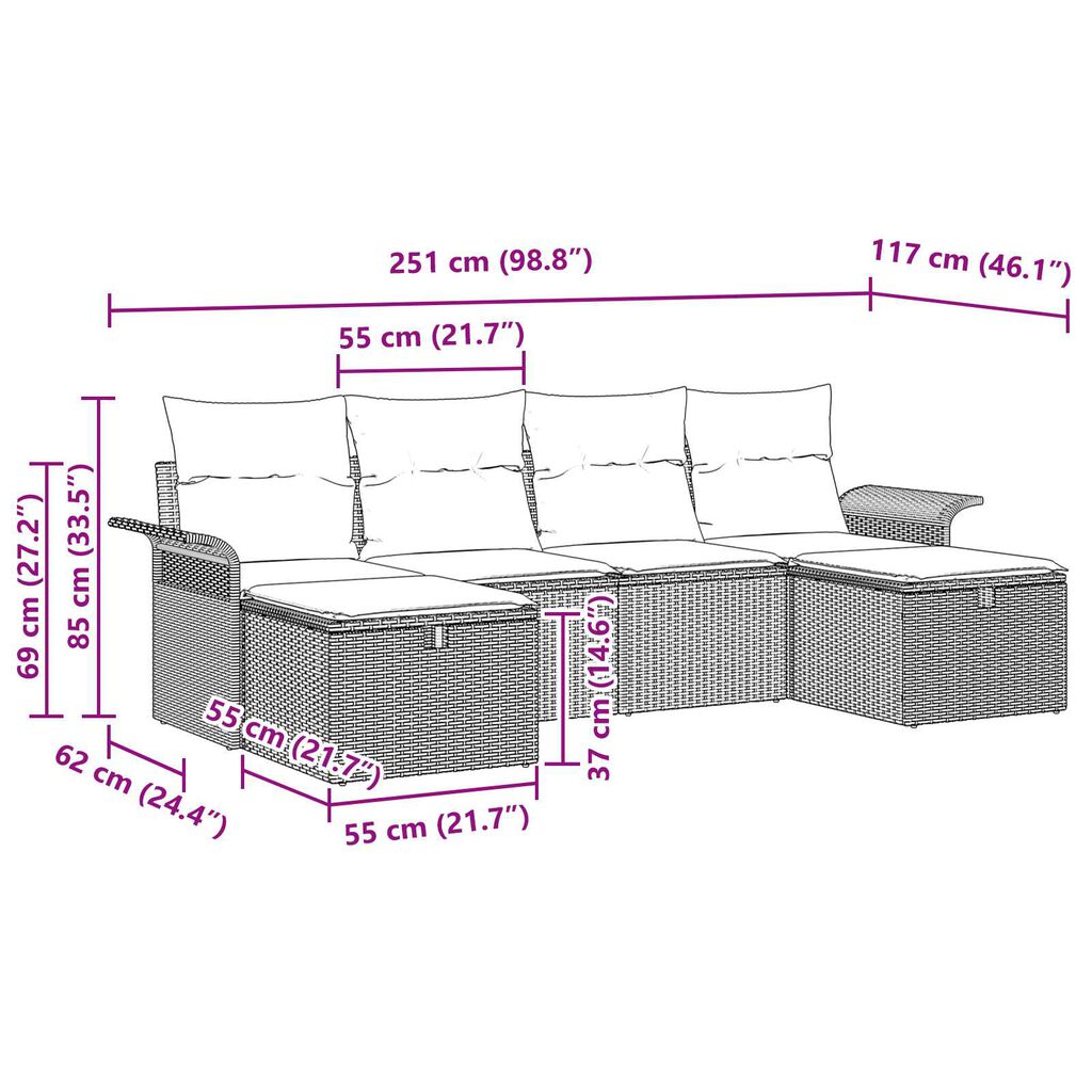 vidaXL 6 Piece Garden Sofa Set with Cushions Brown Poly Rattan