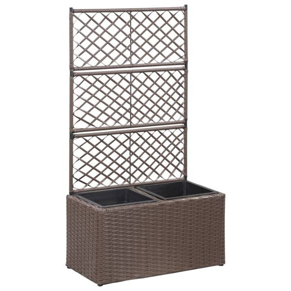 vidaXL Trellis Raised Bed with 2 Pots 58x30x107 cm Poly Rattan Brown
