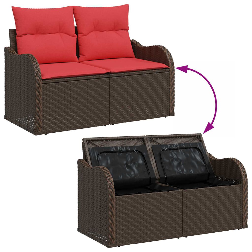 vidaXL 2-Seater Garden Sofa with Storage & Cushions Brown Poly Rattan