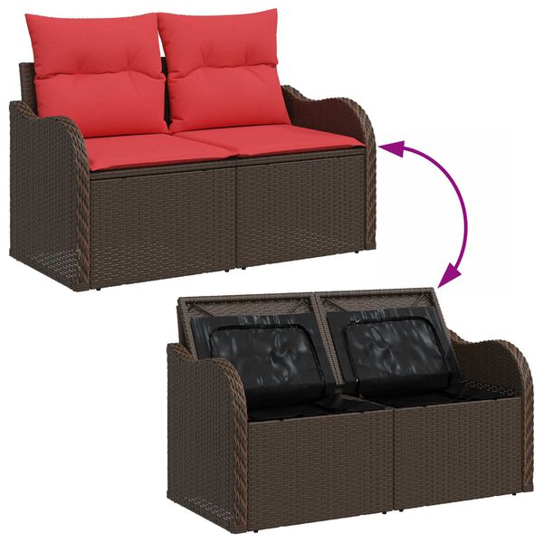 vidaXL 2-Seater Garden Sofa with Storage & Cushions Brown Poly Rattan