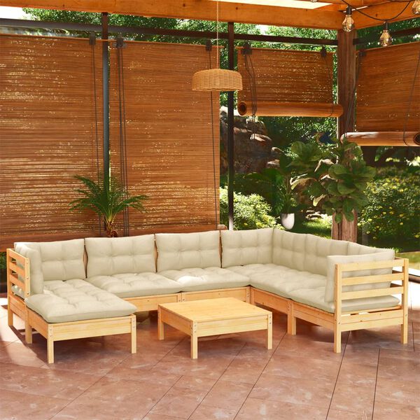 vidaXL 8 Piece Garden Lounge Set with Cream Cushions Solid Pinewood
