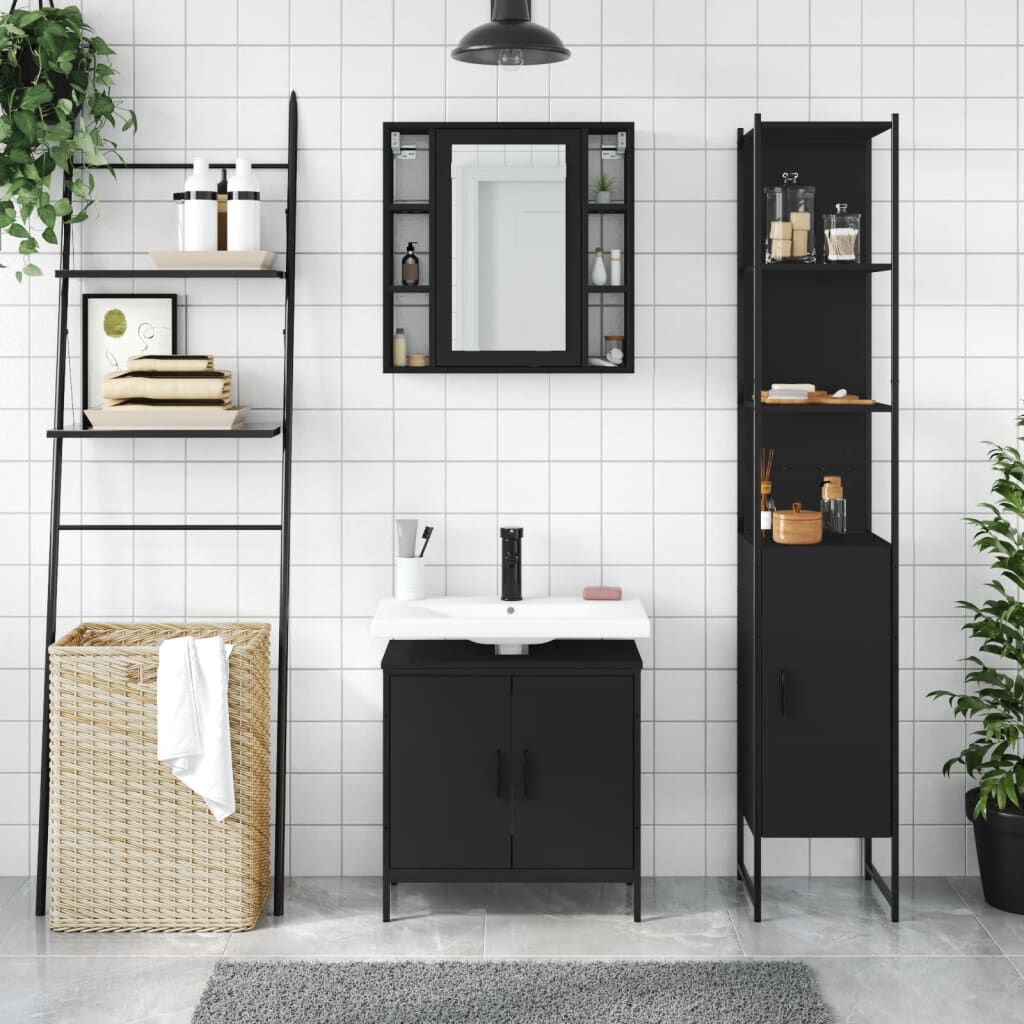 vidaXL 3 Piece Bathroom Cabinet Set Black Engineered Wood
