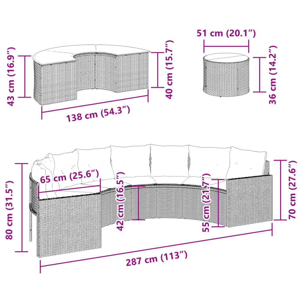 vidaXL 3 Piece Garden Sofa Set Half-Round Grey Poly Rattan