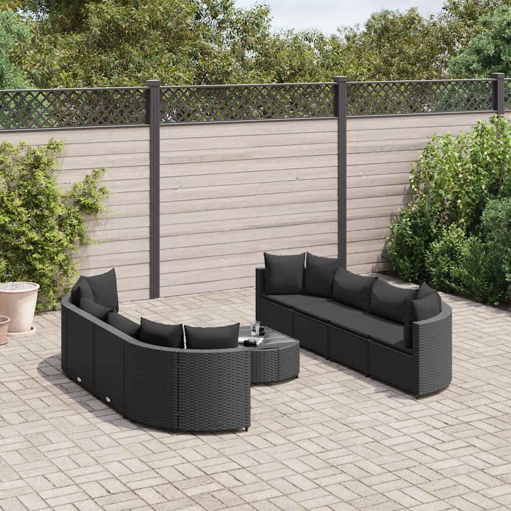 vidaXL 9 Piece Garden Sofa Set with Cushions Black Poly Rattan