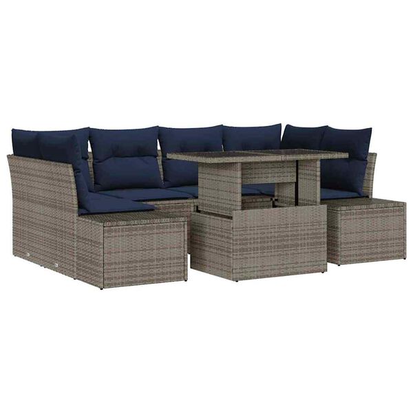 vidaXL Sofa Set with Cushion 7 pcs Grey and Navy Blue Poly Rattan