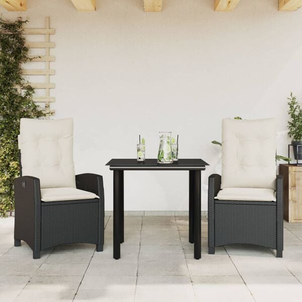 vidaXL 3 Piece Garden Dining Set with Cushions Black Poly Rattan