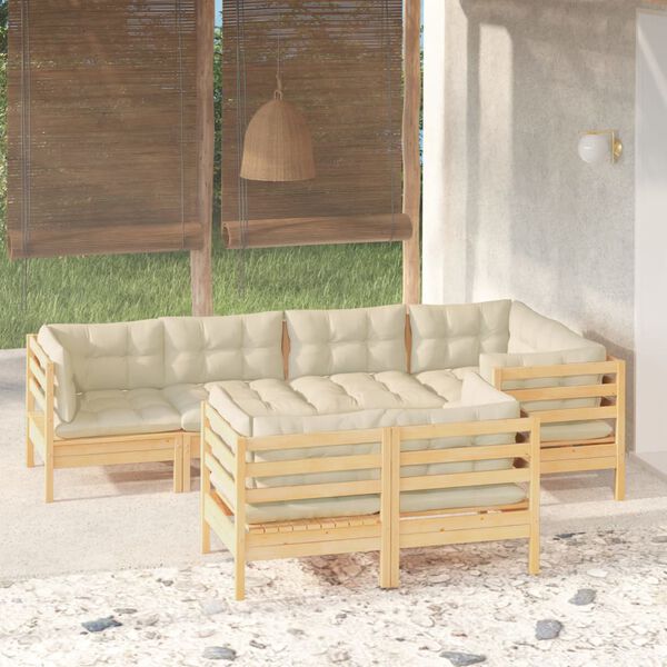 vidaXL 7 Piece Garden Lounge Set with Cream Cushions Solid Pinewood