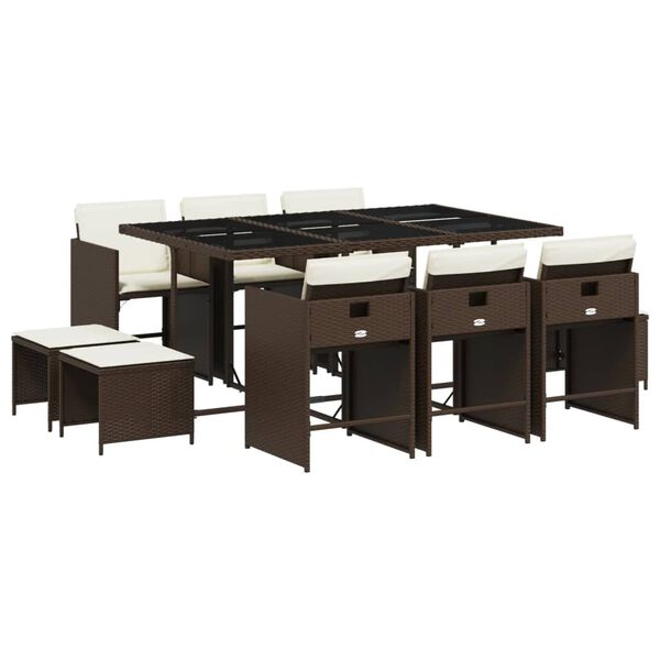vidaXL 11 Piece Garden Dining Set with Cushions Brown Poly Rattan