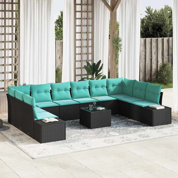 vidaXL Garden Sofa Set with Cushion 11 pcs Black Poly Rattan