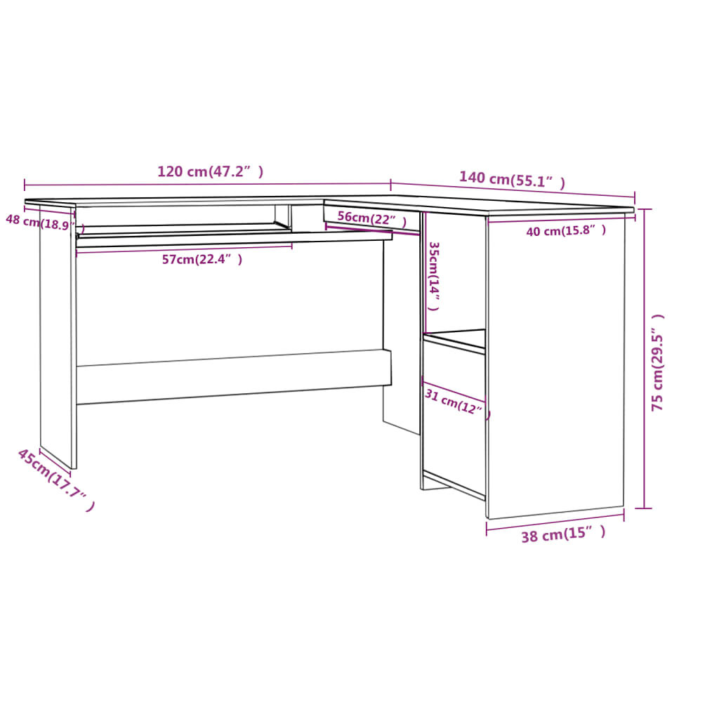 vidaXL L-Shaped Corner Desk High Gloss Grey 120x140x75 cm Engineered Wood