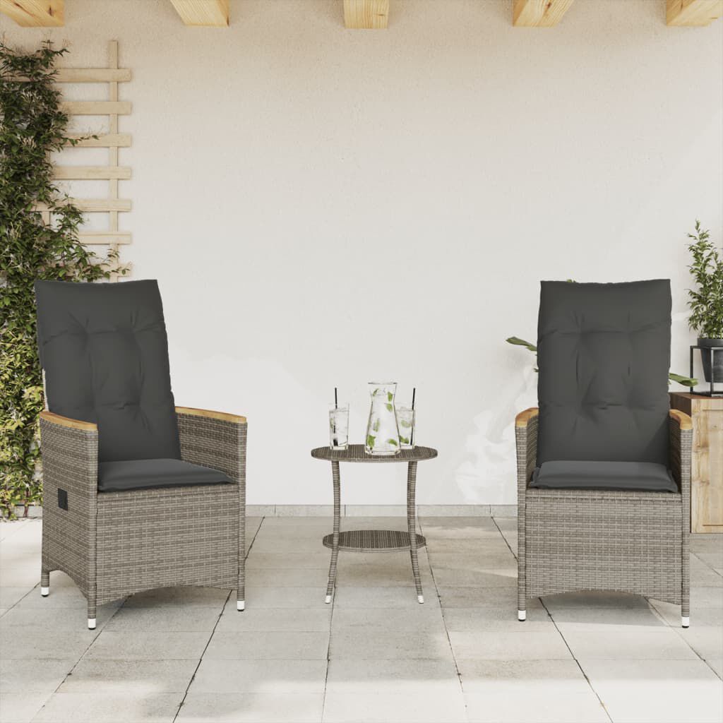 vidaXL 3 Piece Bistro Set with Cushions Grey Poly Rattan