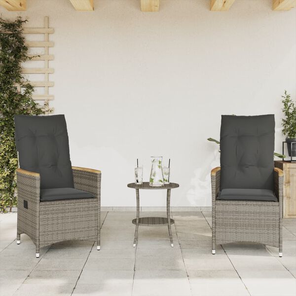 vidaXL 3 Piece Bistro Set with Cushions Grey Poly Rattan
