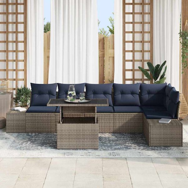 vidaXL Garden Sofa Set 7 pcs Grey and Navy Blue Poly Rattan