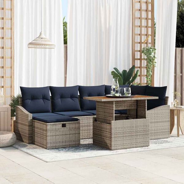 vidaXL Garden Sofa Set with Cushion 7 pcs Grey Poly Rattan