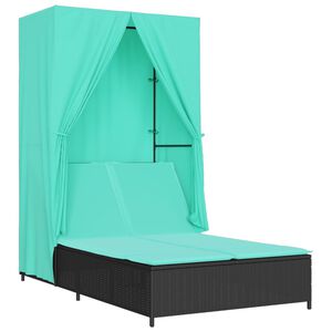 vidaXL Double Sun Lounger with Roof and Curtains Black Poly Rattan