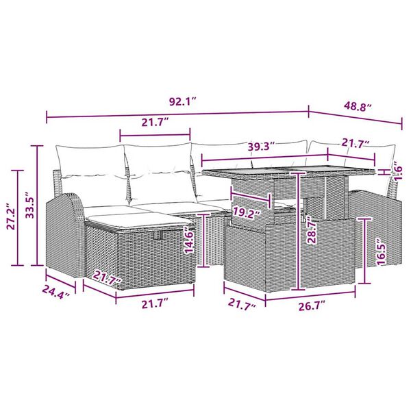 vidaXL Garden Sofa Set Height-Adjustable 7 pcs Black Poly Rattan