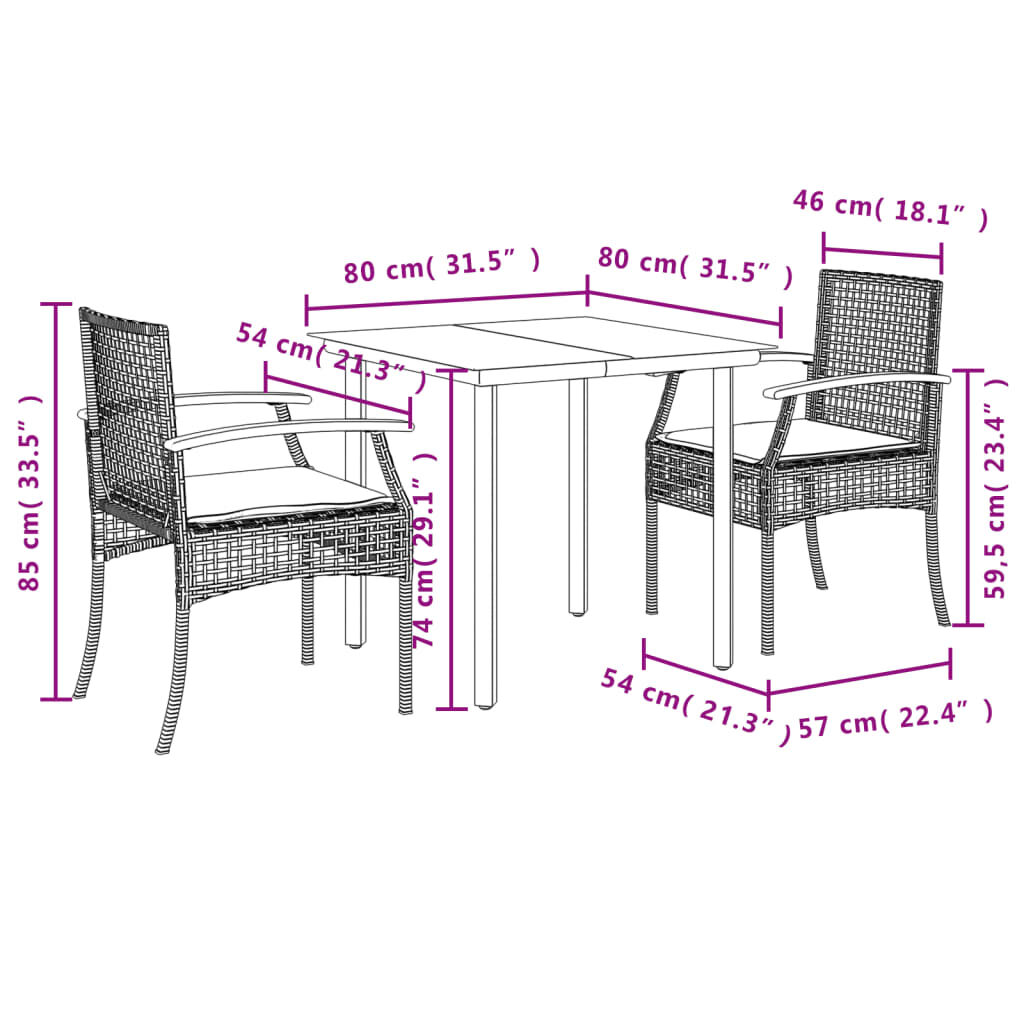 vidaXL 3 Piece Garden Dining Set with Cushions Beige Poly Rattan