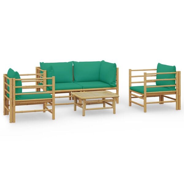 vidaXL 5 Piece Garden Lounge Set with Green Cushions Bamboo