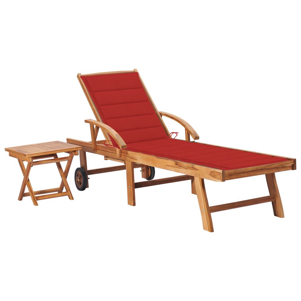 vidaXL Sun Lounger with Table and Cushion Solid Teak Wood