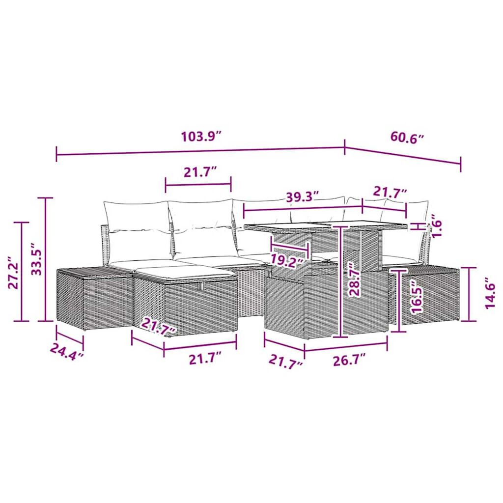 vidaXL Garden Sofa Set Height-Adjustable 7 pcs Black Poly Rattan
