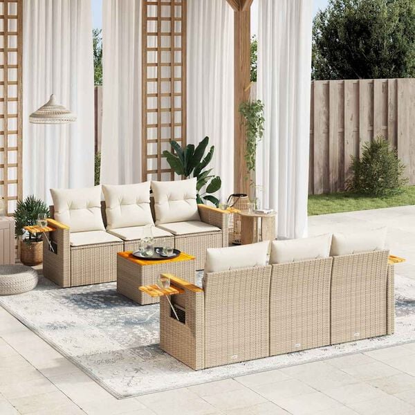 vidaXL 7 Piece Garden Sofa Set with Cushions Beige Poly Rattan