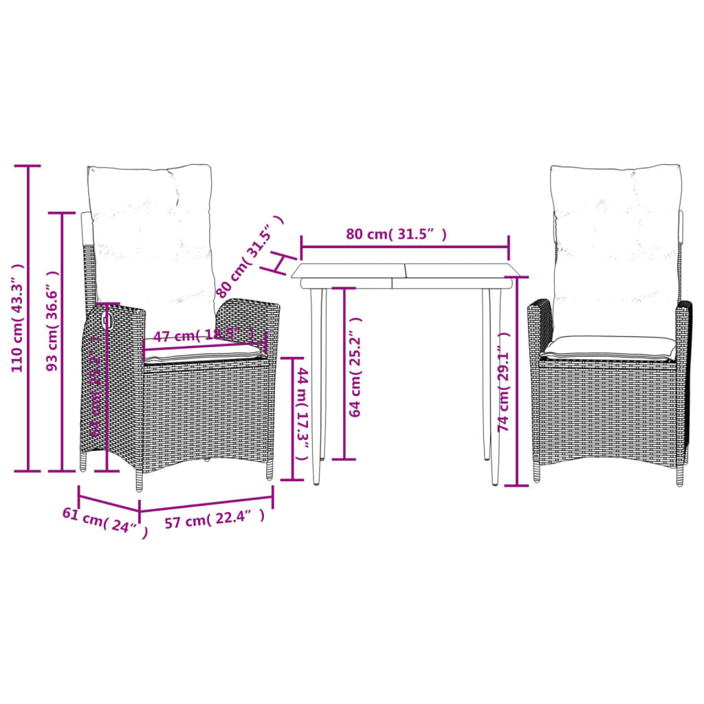 vidaXL 3 Piece Garden Dining Set with Cushions Black Poly Rattan