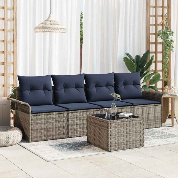vidaXL Sofa Set with Cushion 5 pcs Grey Poly Rattan