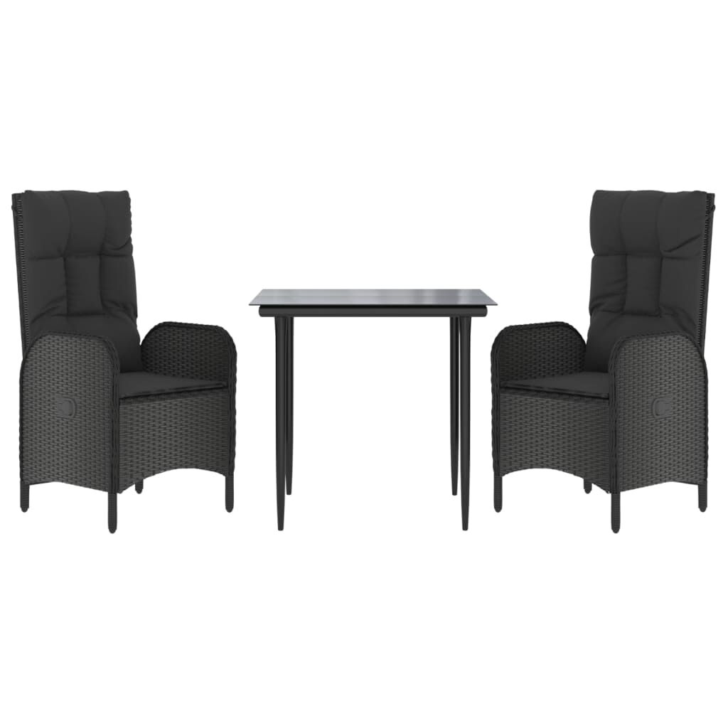 vidaXL 3 Piece Garden Dining Set with Cushions Black Poly Rattan