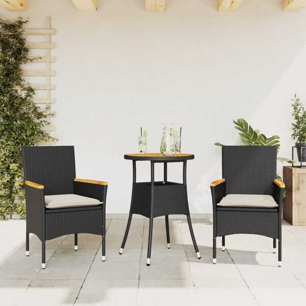 vidaXL 3 Piece Garden Dining Set with Cushions Black Poly Rattan and Acacia