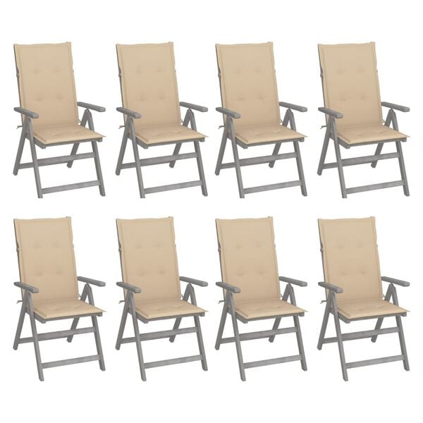 vidaXL Garden Reclining Chairs with Cushions 8 pcs Grey Wood Acacia