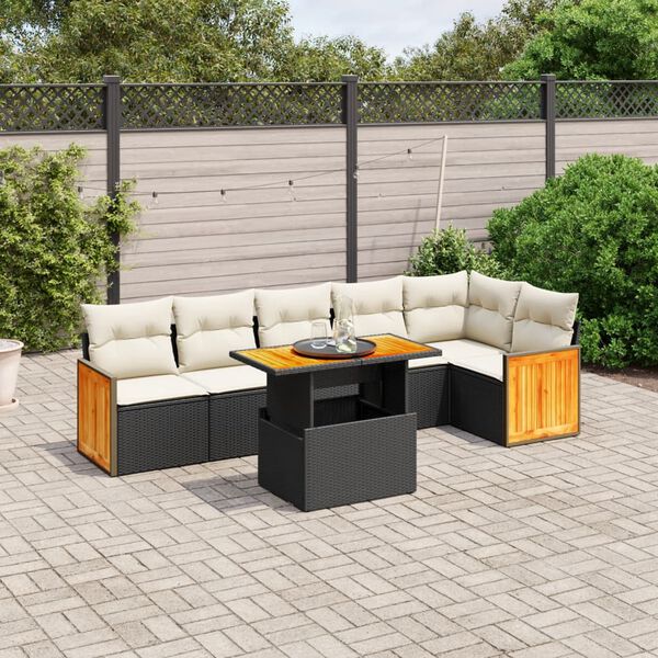 vidaXL 7 Piece Garden Sofa Set with Cushions Black Poly Rattan