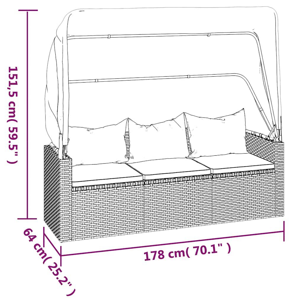 vidaXL 3-Seater Garden Sofa with Roof and Footstool Black Poly Rattan