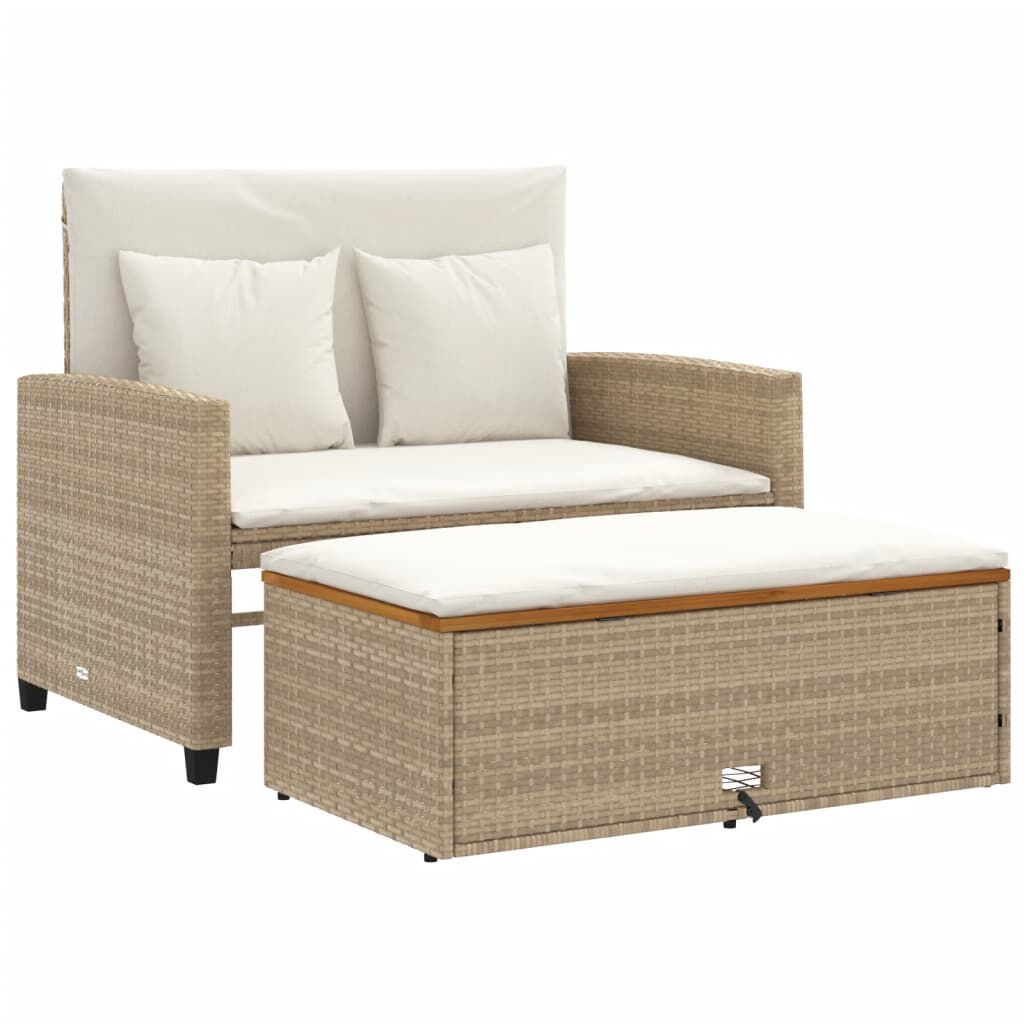 vidaXL Garden Sofa with Cushions 2-Seater Beige Poly Rattan&Acacia Wood
