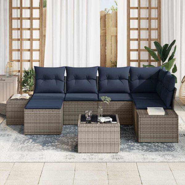 vidaXL Garden Sofa Set with Cushion 7 pcs Grey Poly rattan
