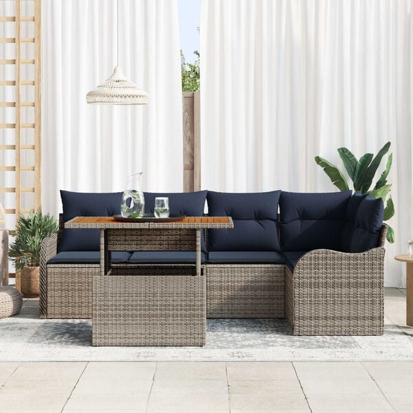 vidaXL 6 Piece Garden Sofa Set with Cushions Grey Poly Rattan Acacia