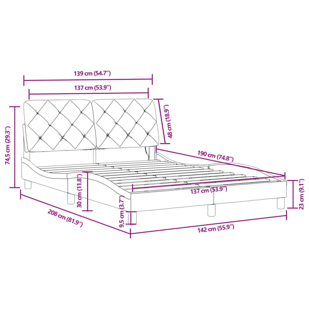 vidaXL Bed Frame with LED without Mattress Dark Grey 137x190 cm Velvet