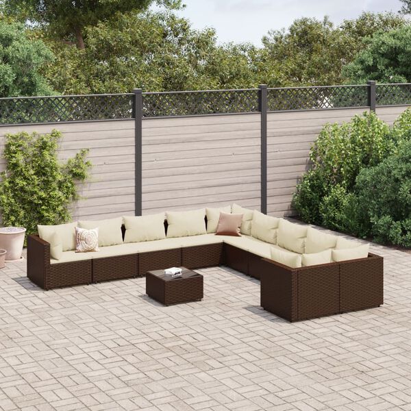vidaXL 10 Piece Garden Sofa Set with Cushions Brown Poly Rattan