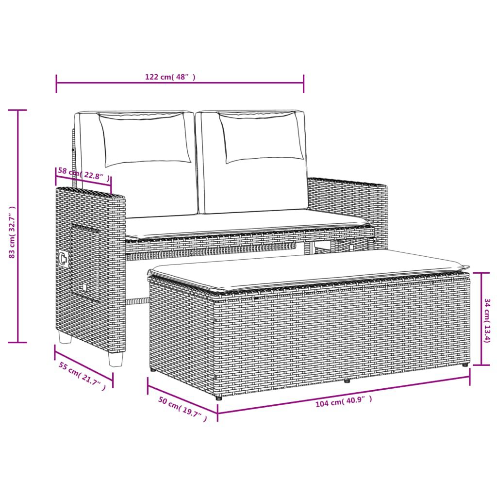 vidaXL Reclining Garden Bench with Cushions Beige Poly Rattan