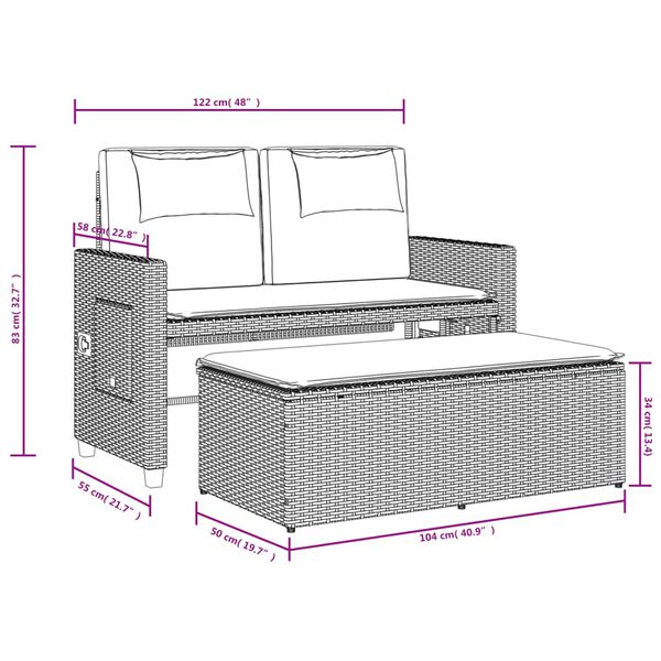 vidaXL Reclining Garden Bench with Cushions Beige Poly Rattan