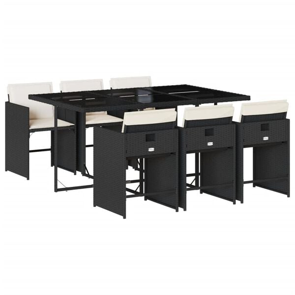 vidaXL 7 Piece Garden Dining Set with Cushions Black Poly Rattan