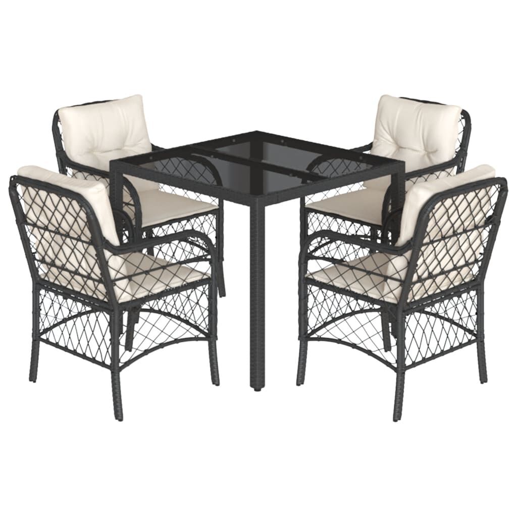 vidaXL 5 Piece Garden Dining Set with Cushions Black Poly Rattan