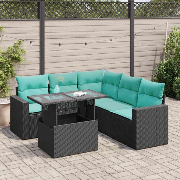 vidaXL 6 Piece Garden Sofa Set with Cushions Black Poly Rattan Acacia