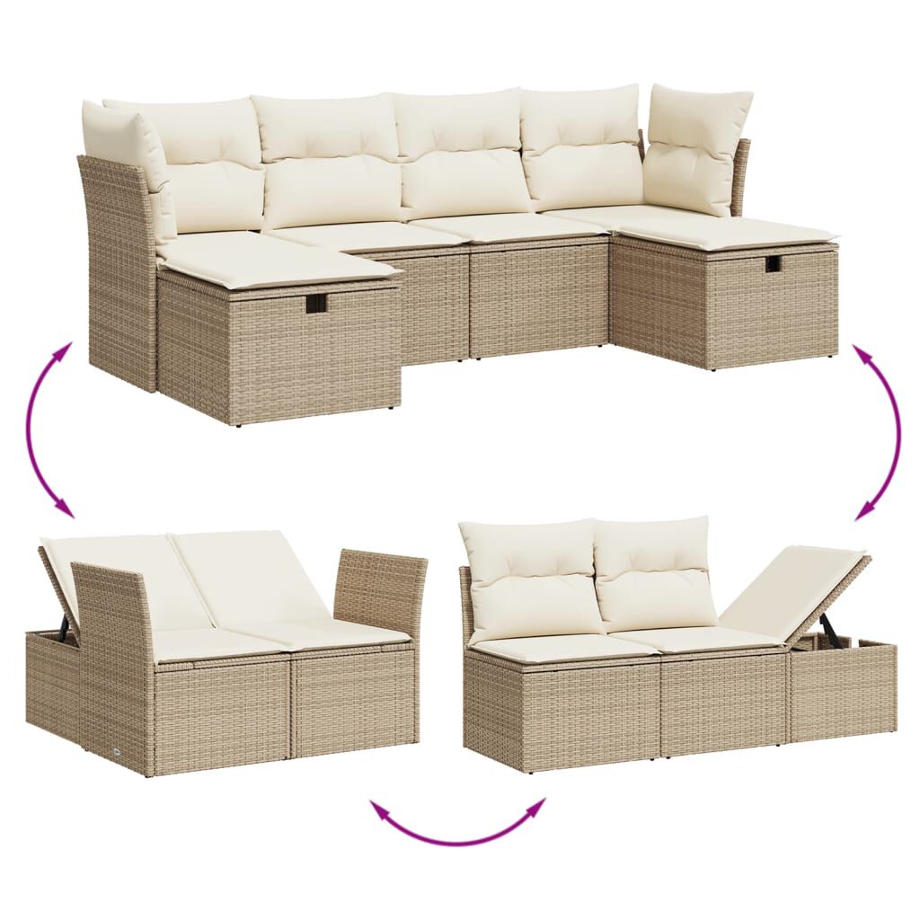 vidaXL 6 Piece Garden Sofa Set with Cushions Beige Poly Rattan