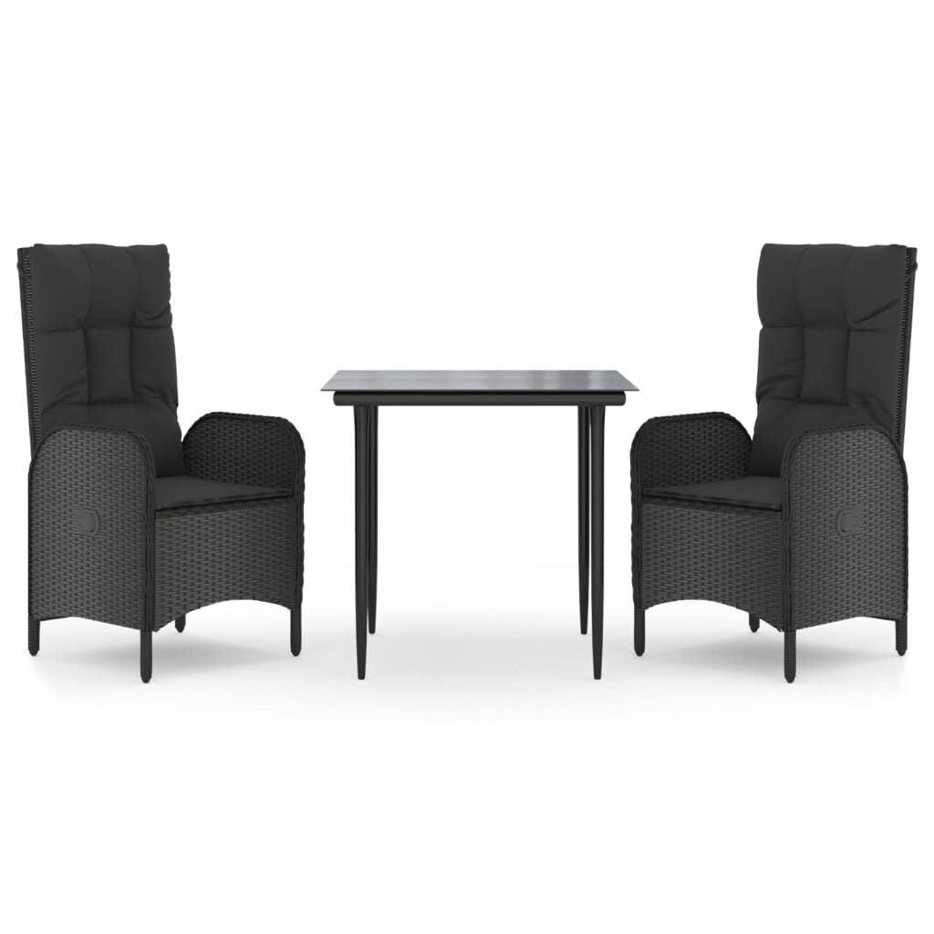 vidaXL 3 Piece Garden Dining Set with Cushions Black Poly Rattan