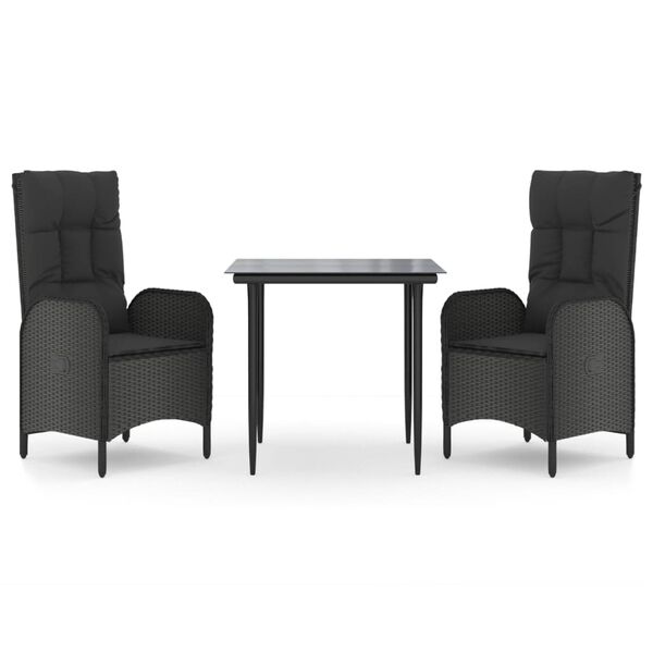 vidaXL 3 Piece Garden Dining Set with Cushions Black Poly Rattan