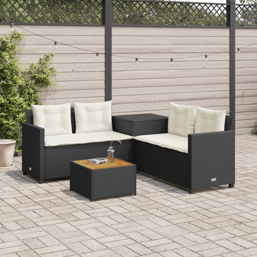vidaXL Garden Sofa with Table and Cushions L-Shaped Black Poly Rattan