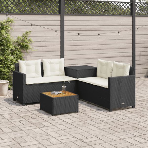 vidaXL Garden Sofa with Table and Cushions L-Shaped Black Poly Rattan