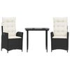 vidaXL 3 Piece Garden Dining Set with Cushions Black Poly Rattan