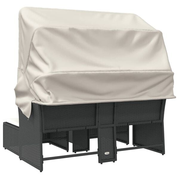 vidaXL Garden Sofa 2-Seater with Canopy and Stools Black Poly Rattan